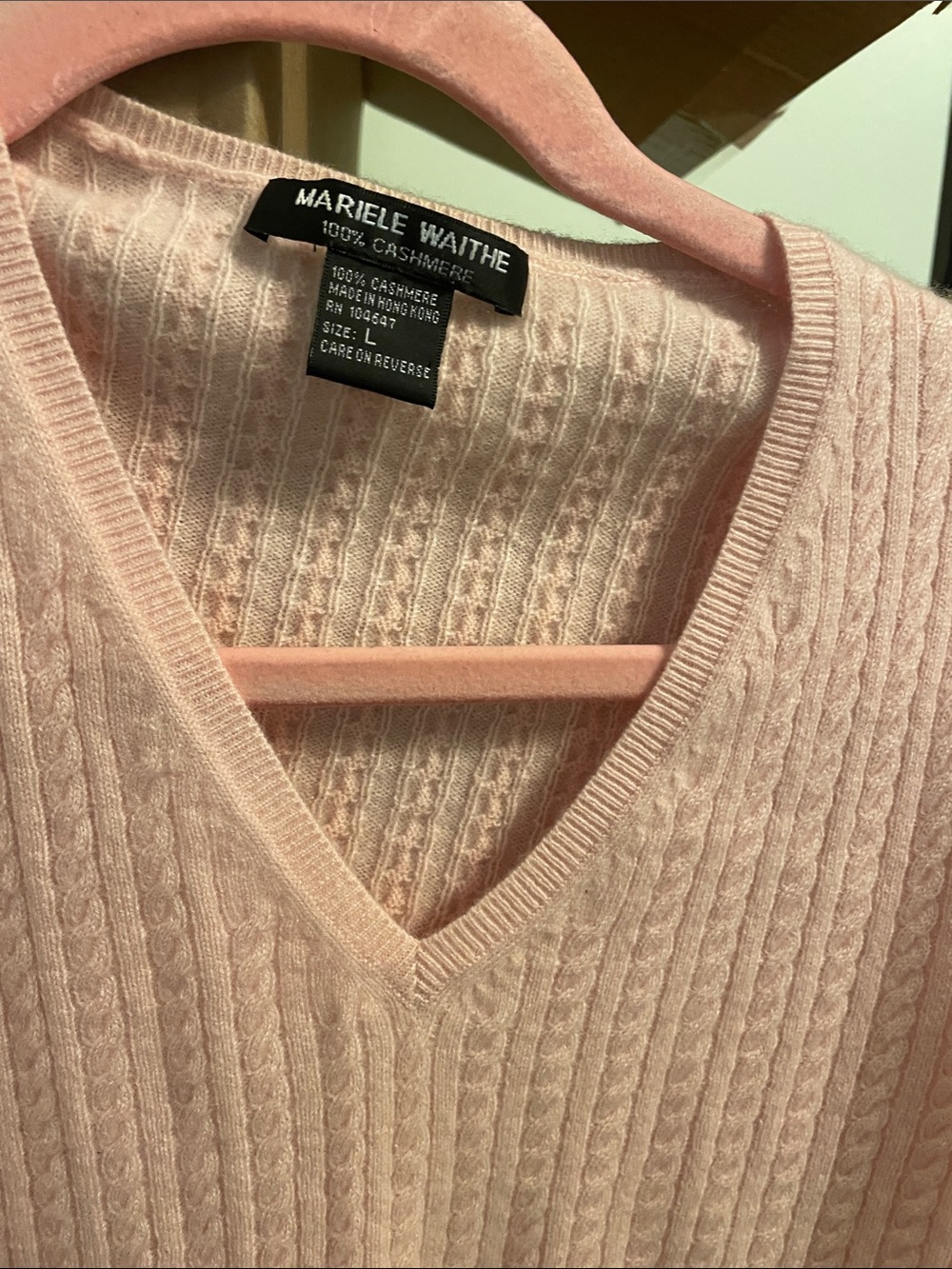 Marielle Waithe Light Pink Cashmere Cable V-Neck Sweater